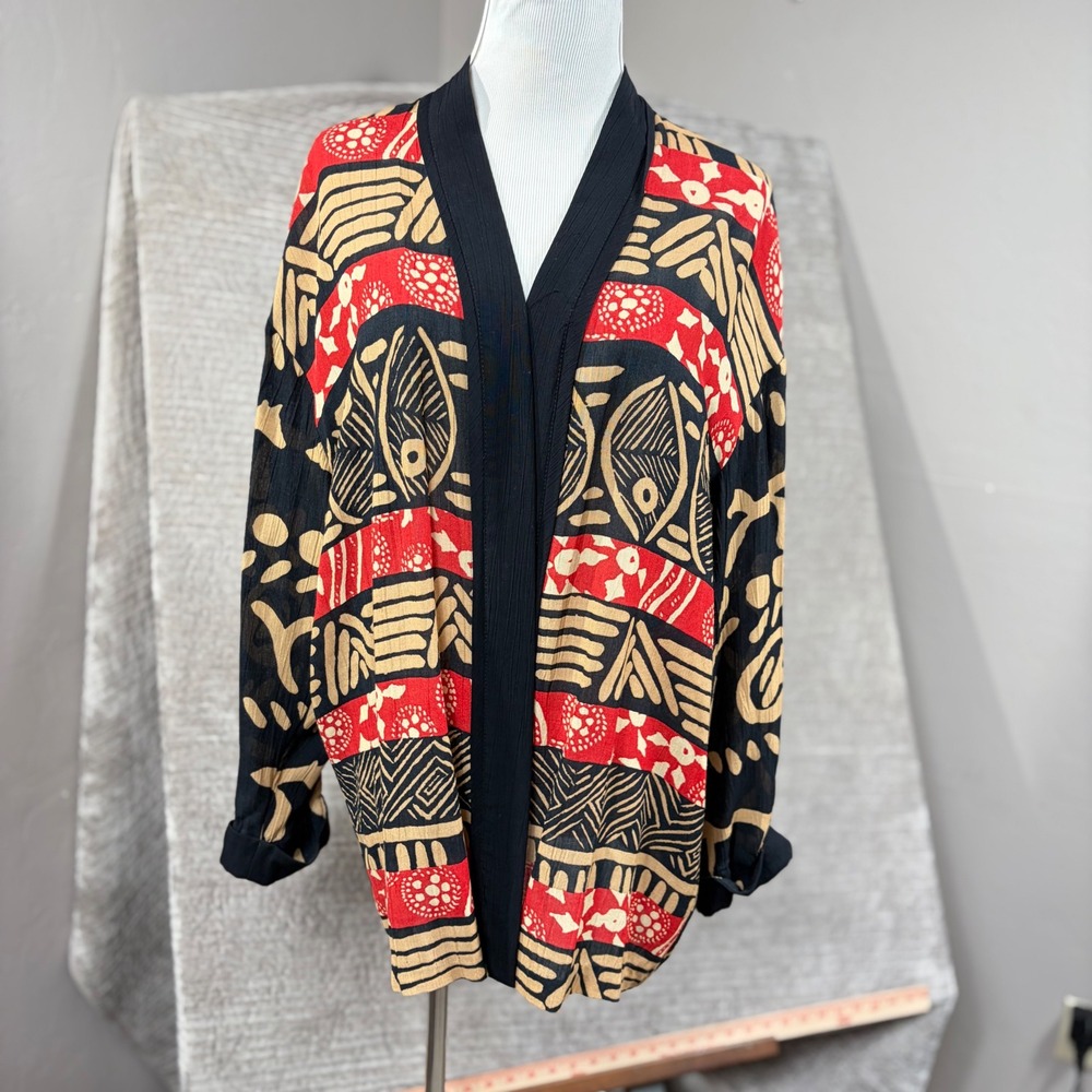 AKF New York Medium Tribal Print Rayon Open Front Cardigan Jacket Red Black